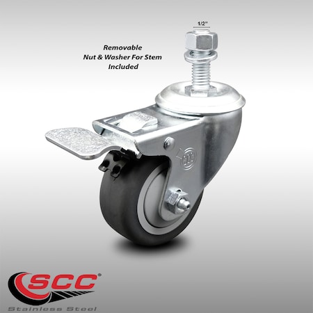 Service Caster 3 Inch SS Thermoplastic Rubber 1/2 Inch Threaded Stem Caster with Total Lock Brake SCC-SSTSTTL20S314-TPRB-121315